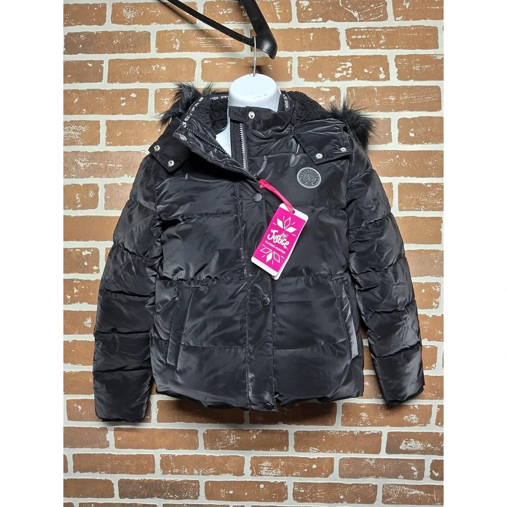 Justice‎ Girls Puffer Jacket Faux Fur Lined With Hood Sz Small 7/8 Black